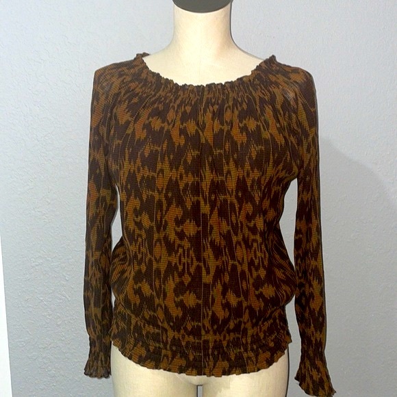 Ralph Lauren Silk Crinkled Smocked Long Sleeve Blouse Top Animal Print size 12 - Picture 1 of 11
